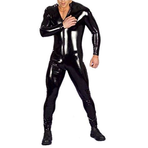 yizyif men s sexy wet look pvc leather long sleeves catsuit bodysuits leather catsuit leather