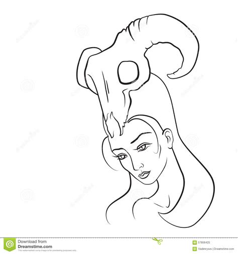 Demon Woman With Goat Skull On Her Head Stock Vector Illustration Of