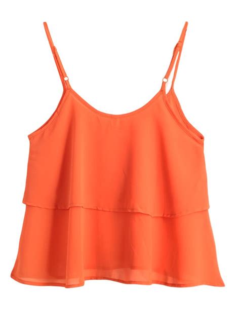 L Orange Women Summer Chiffon Vest Spaghetti Strap Ruffle Tank Top Chicuu