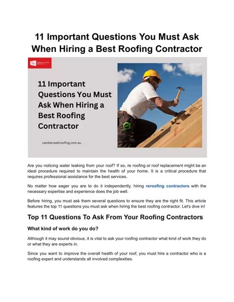 Ppt Important Questions You Must Ask When Hiring A Best Roofing Contractor Powerpoint