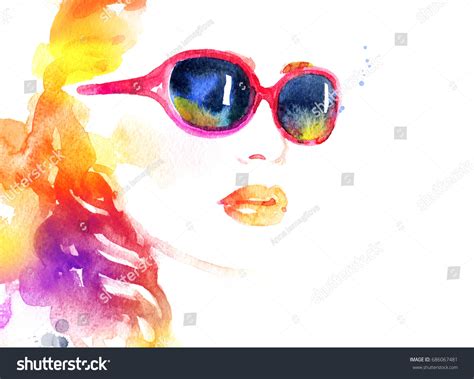 Abstract Woman Face Fashion Illustration Watercolor 스톡 일러스트 686067481