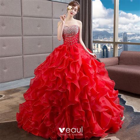 Luxury Gorgeous Red Wedding Dresses 2018 Ball Gown Beading Crystal Sequins Sweetheart