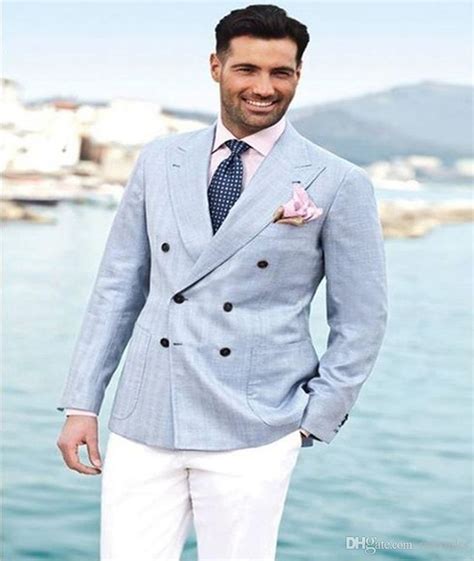 Latest Coat Pant Design Light Blue Linen Men Suit With White Pant Casual Slim Fit Suit