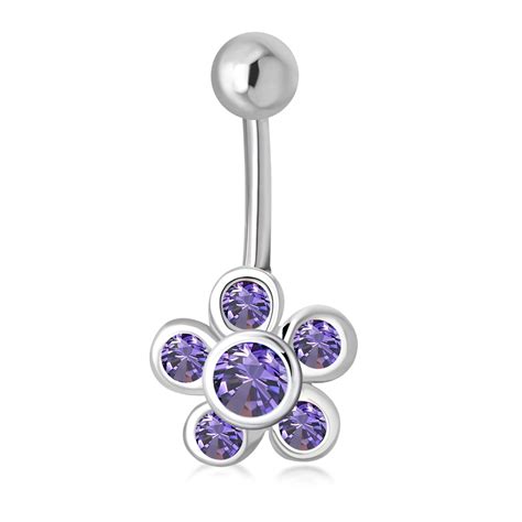 Belly Rings Amethyst Cz Flower Belly Button Silver Navel Ring F163