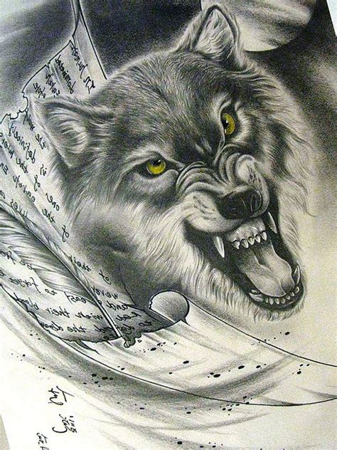 Green Eyed Gnarling Wolf And Note Papers Tattoo Design Tattooimagesbiz