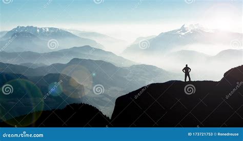 Spectacular Mountain Ranges Silhouettes Man Reaching Summit Enjoying