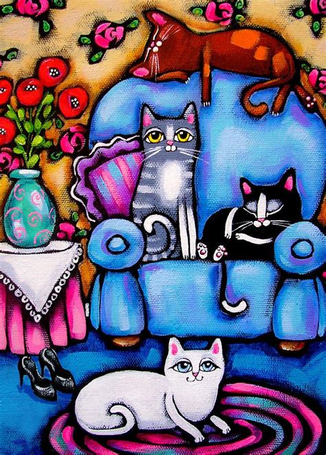 Cat Art For Sale Folk Art Cat Cat Painting Colorful Floral Art