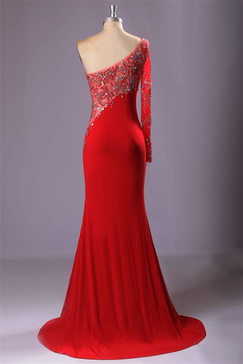 Red Bling One Shoulder Beads Crystal Vestido Para Formatura Longo Sexy Dress Mermaid Prom