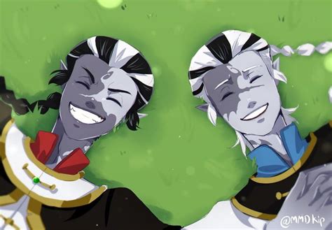 Two Anime Characters Are Smiling In Front Of A Green Field With Grass