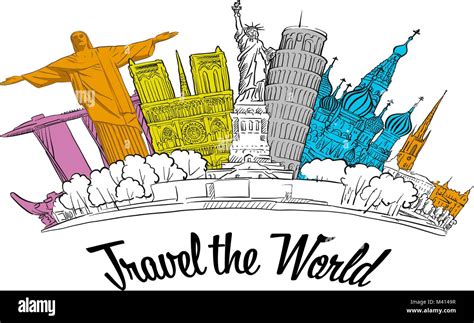 Travel The World Road Trip Tourism Sketch Concept With Landmarks