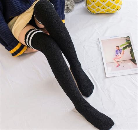 Thigh High Striped Fuzzy Socks Cozy Furry Thigh Highs Kawaii Etsy