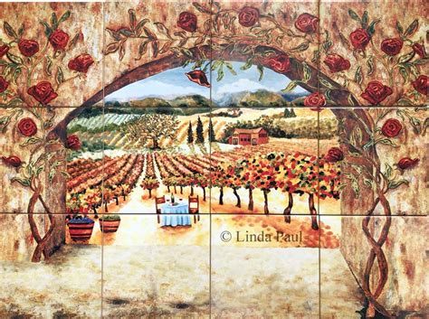 48 x 36 hand painted ceramic tile art panel mural mosaic peacocks backsplash. Tile Art - Italian tiles of vineyard, roses backsplash tiles