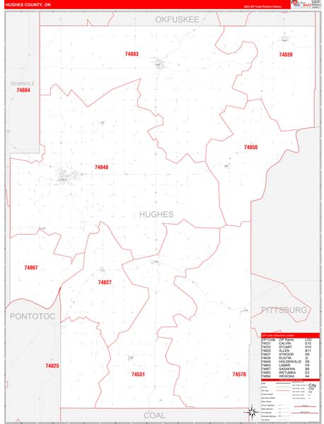 Hughes County Ok Zip Code Wall Map Red Line Style By Marketmaps Mapsales