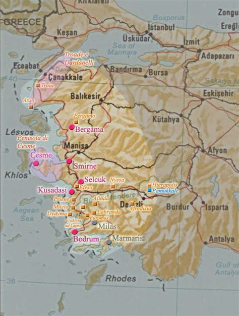 Mappa geografica turchia (turchia), centrata sulle coordinate latitudine 38.96° longitudine 35.24°. Cartina Costa del Mar Egeo in Turchia