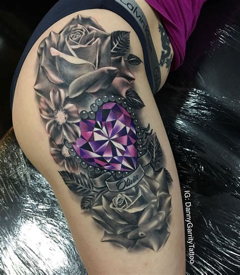 Realistic Jewel Tattoo Design For A Thigh Piece With Realistic Rose In Black And Grey Bild