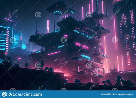 Futuristic Cyberpunk City At Night With Blue And Pink Neon Illumination