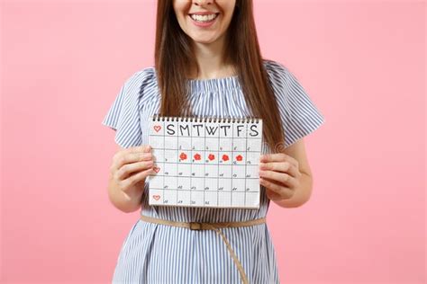 Cropped Photo Young Woman In Blue Dress Hat Holding Periods Calendar
