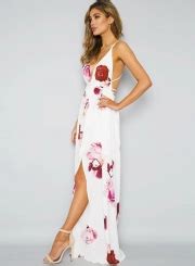 Fashion Deep V Neck Floral Printed High Slit Maxi Dress STYLESIMO Com
