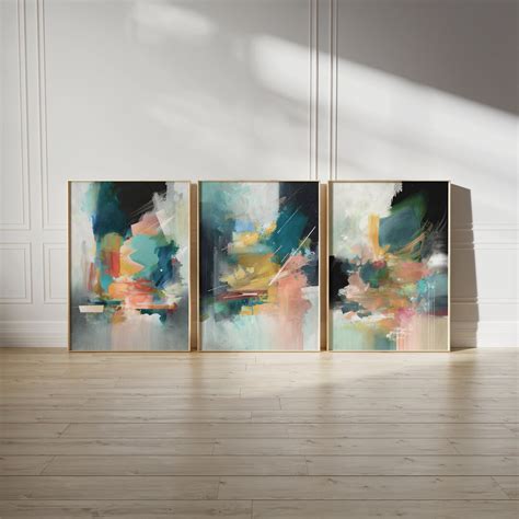Teal Abstract Wall Art Set Of 3 Prints Navy Blush Home Decor Abstract