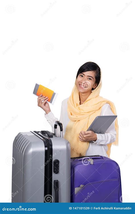 Muslim Woman With Tablet Suitcase And Passport Over White Stock Image Image Of Explorer Mudik