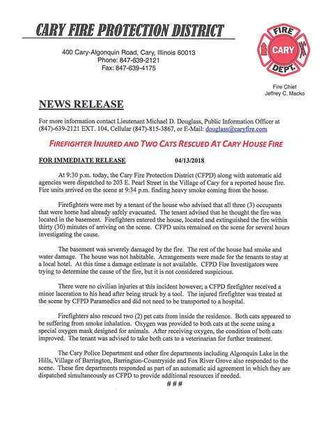 Cary Fire Protection District Press Release