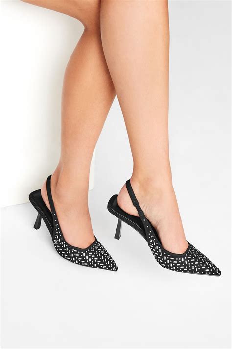 Lts Black Diamante Slingback Heel Court Shoes In Standard Fit Long