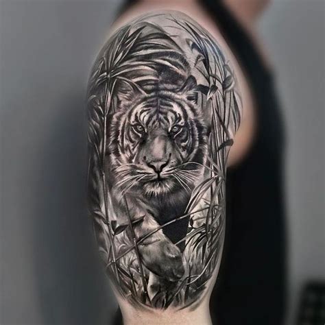 Monochrome Half Sleeve And Shoulder Cap Tiger Tattoo