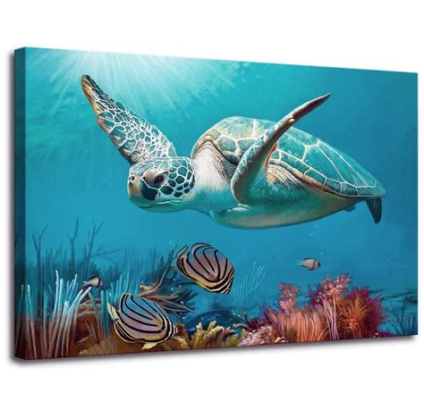 Blue Ocean Sea Turtle Wall Decor Framed Canvas Print Size 12 X16 Inch