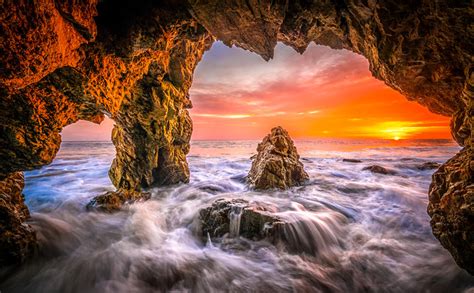 Epic Malibu Sea Cave Seascape Sunset In El Matador Beach Socal Seacave