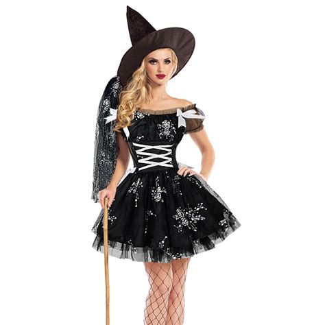 Sexy Black Witch Off Shoulder Mini Dress Adult Halloween Cosplay