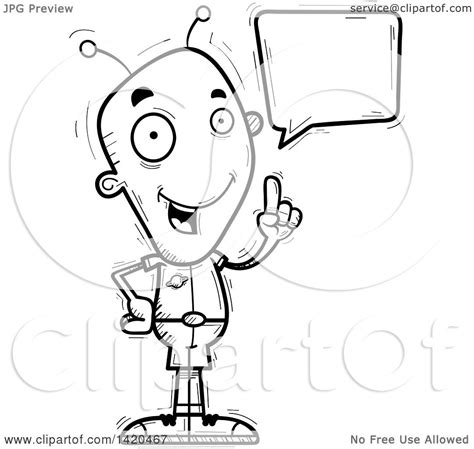 Clipart Of A Cartoon Black And White Lineart Doodled Alien Holding Up A