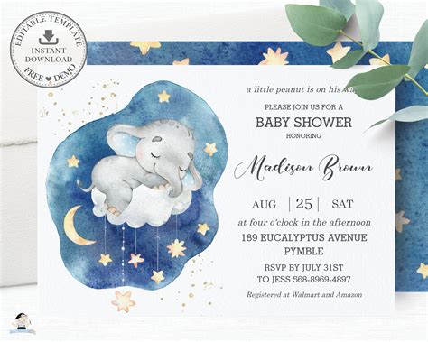 Elephant Baby Shower Invitation Editable Template Boy Twinkle Little