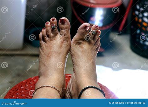 Closeup Of An Indian Woman`s Rough Bare Feet Selective Focus Stock