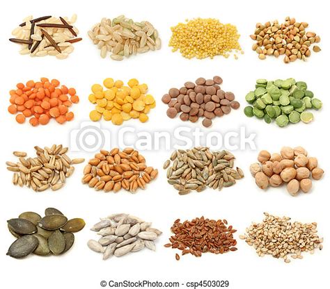 Cereal Grain And Seeds Collection Isolated On White Background Macro