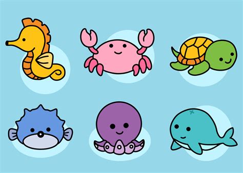 Set Cute Animal Sea Fish Ocean Cartoon Fish Sea Horse Crab Turtle