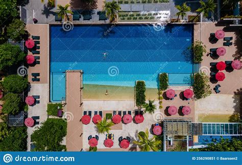 Aerial View From Above At Pool Tropical Swimming Pool From Above With