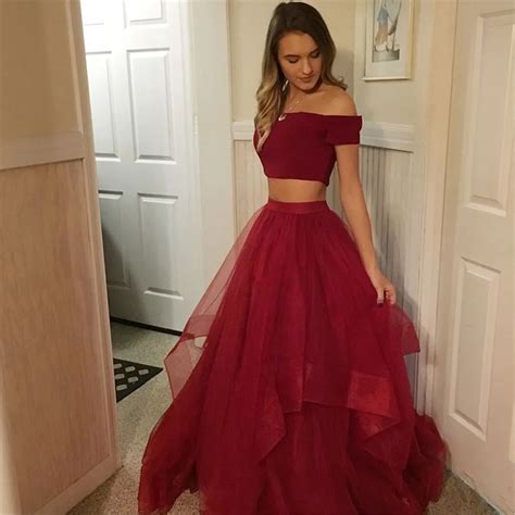 Two Piece Prom Dresses Burgundy Boat Neck Short Sleeve A Line Tulle