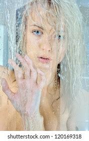 Beautiful Blonde Naked Woman Shower Torso Stock Photo