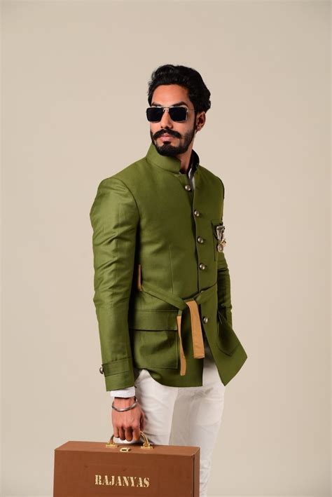 Party Green Bespoke Indian Waist Belted Royal Jodhpuri Bandhgala Suit