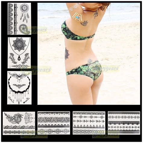 1 pc new hot flash waterproof tattoo black ink women henna lace strap body art jewel necklace