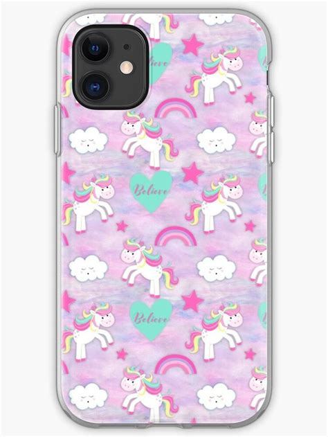 A Pink Phone Case With Unicorns And Hearts On The Front In Pastel Colors