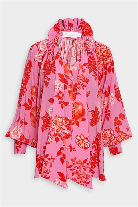 VERANDAH Pussy Bow Blouse In Pink And Red Mono Roses Lyst