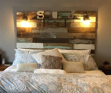 King size natural headboard with lights king size bed. Farmhouse Rustic chippy paint cottage whitewashed grey ...