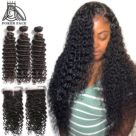 Inch Deep Wave Bundles With Transparent Lace Closure Brazilian Curly Human Hair Water Wave