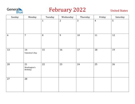 february  calendar united states