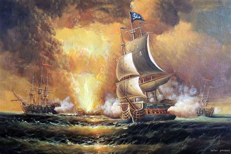 Pirate Ship Ocean Sea Cannon Explosion Battle 1800s Seascape 24x36 Oil