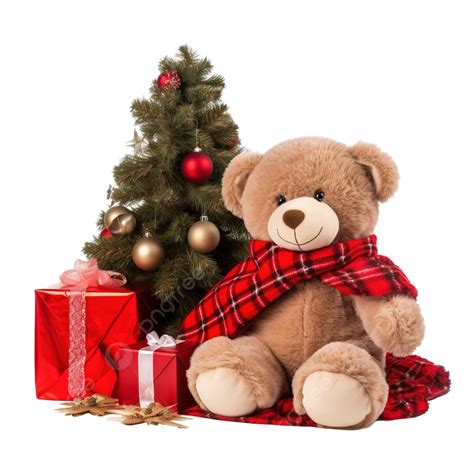 Charming Brown Teddy Bear Sitting On A Red Blanket Near The Christmas