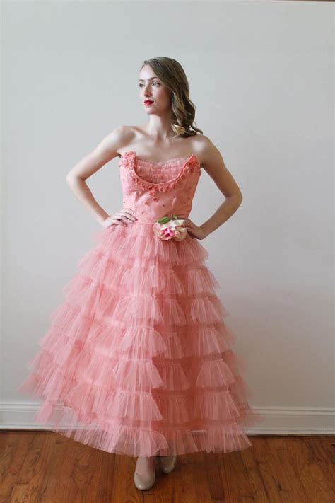 S Coral Tulle Ruffled Prom Party Dress With Floral Etsy Prom