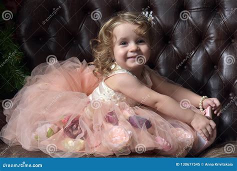 Girl Little Princess In Pink Festive Dress Sitting Stock Image Image