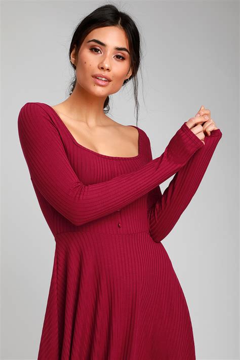 Cute Skater Dress Long Sleeve Skater Dress Berry Red Dress Lulus